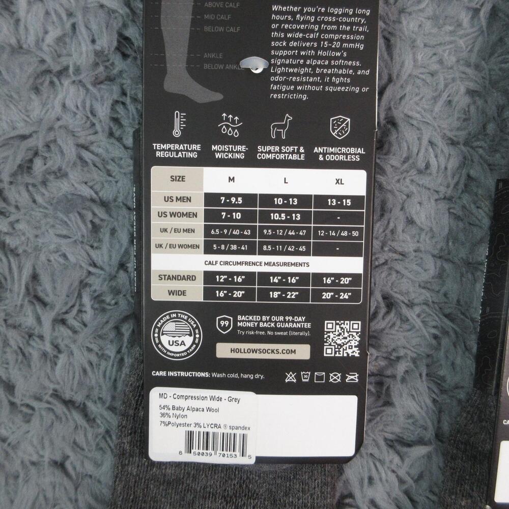 Hollow Socks Mens M Gray Compression Alpaca Nylon Spandex Moisture Wicking NWT - Picture 5 of 8